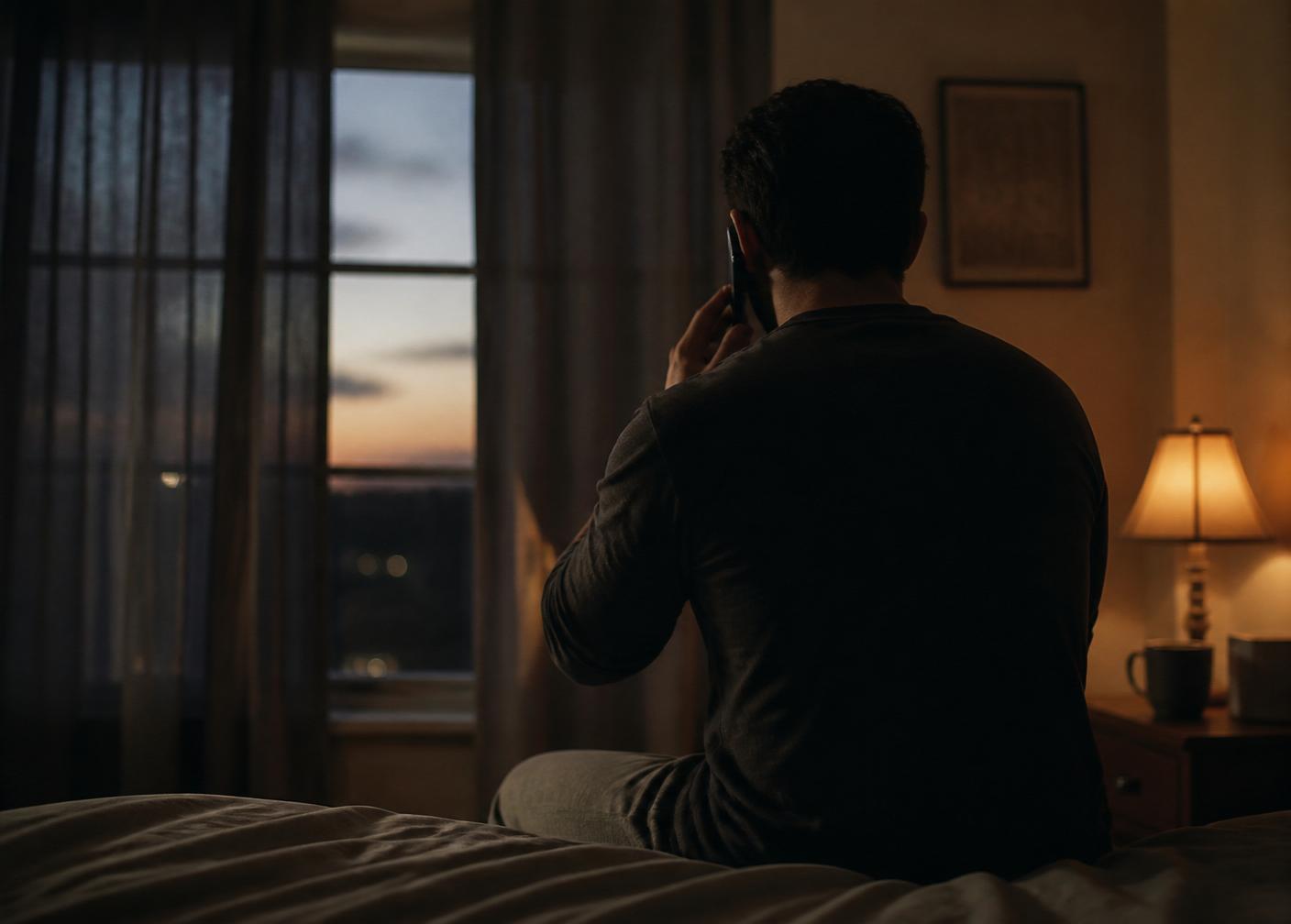 A man sitting on the edge of his bed at dawn, phone to his ear, joining the morning prayer call