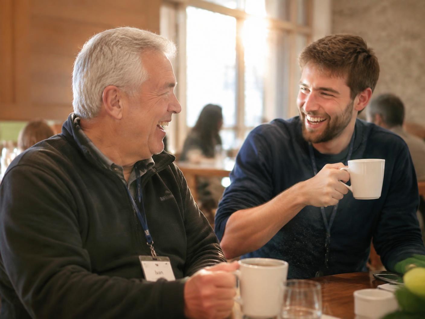 An older man and a younger man laughing together over coffee at a retreat breakfast table