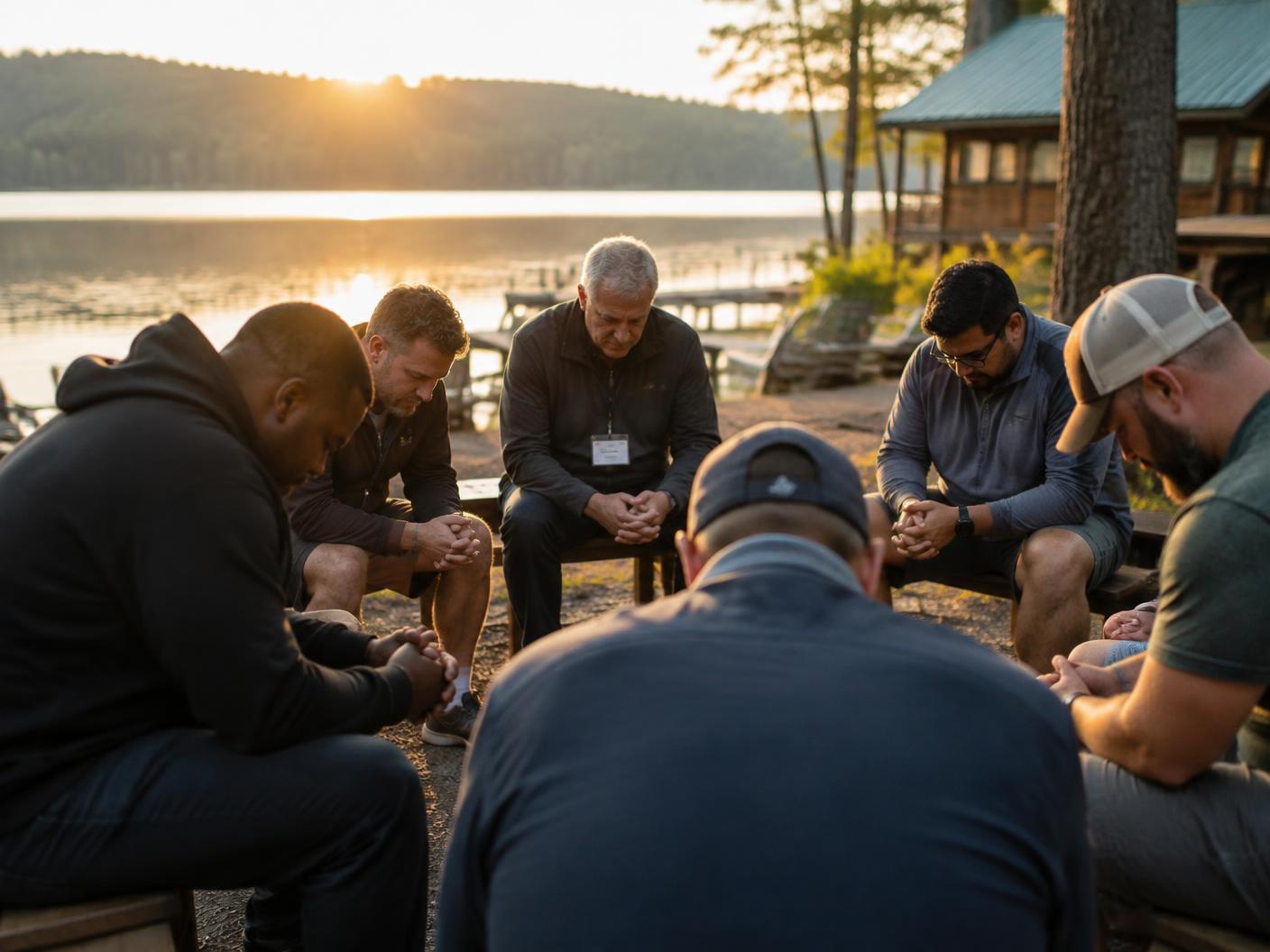 A circle of men seated outdoors by a lake, heads bowed in prayer at sunset during a retreat