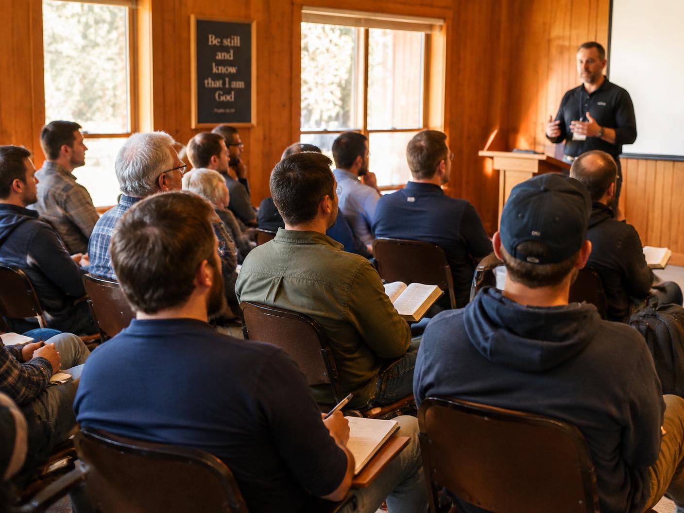 Men seated in a wood-paneled hall listening to a teaching session at a retreat
